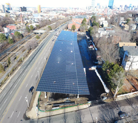 Aerial view of a solar car park at Roxbury Community College