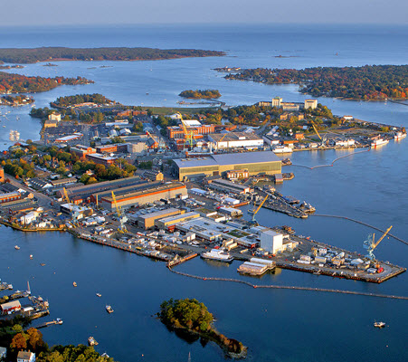 Daytime aerial view of Portsmouth Naval Shipyard