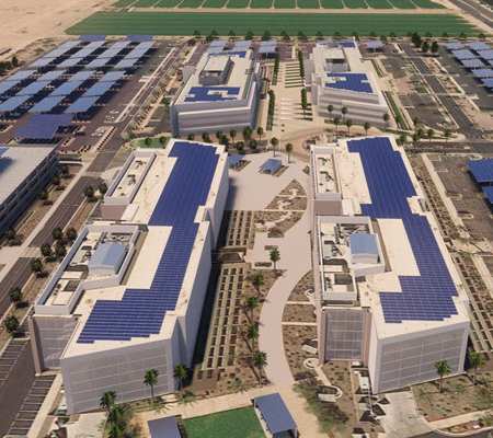 A daytime aerial view of a corporate campus in Chandler with renderings of rooftop solar panels and solar canopies added