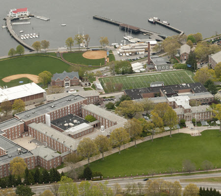 Daytime aerial view of the U.S. Coast Guard Academy in Bristol Connecticut