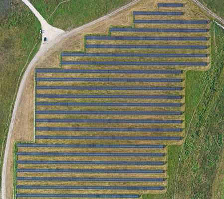 Daytime aerial view of the Brightfield solar farm