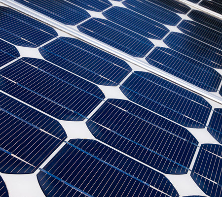 Close up view of solar panels in a solar array