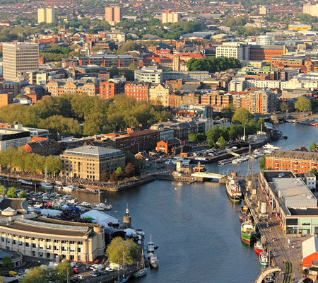 Daytime aerial view of a central portion of Bristol UK