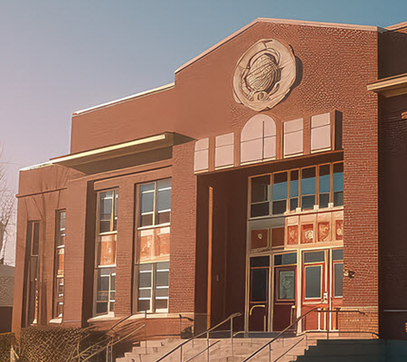 Early morning exterior view of a brick school building in the neoclassical style.